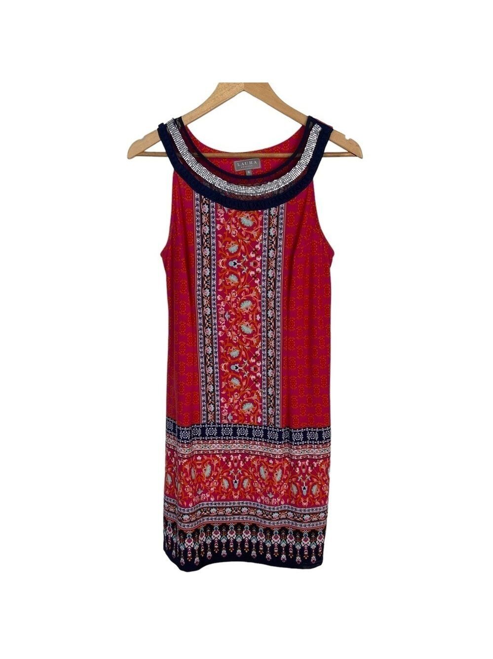 Laura petite dress beaded silver collar sleeveless pink red navy blue size 8